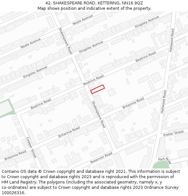 42, SHAKESPEARE ROAD, KETTERING, NN16 9QZ: Location map and indicative extent of plot