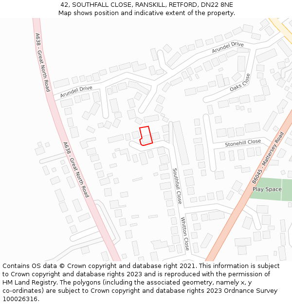 42, SOUTHFALL CLOSE, RANSKILL, RETFORD, DN22 8NE: Location map and indicative extent of plot