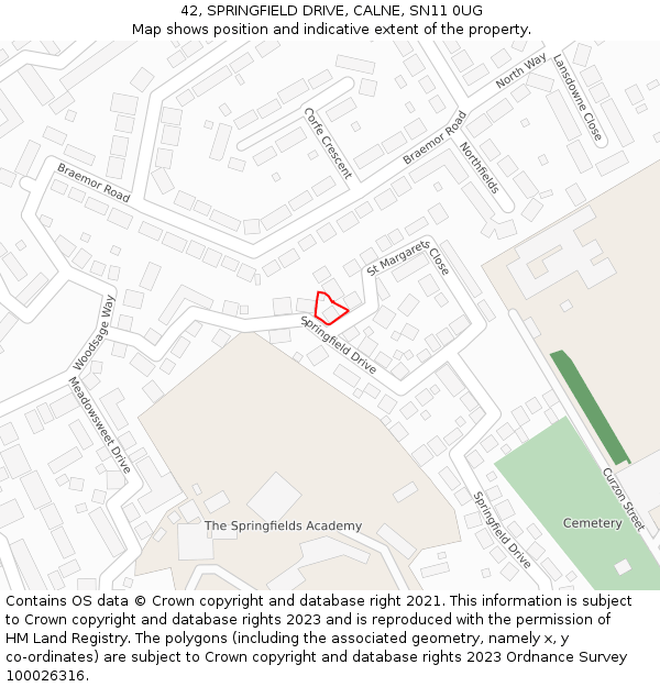 42, SPRINGFIELD DRIVE, CALNE, SN11 0UG: Location map and indicative extent of plot