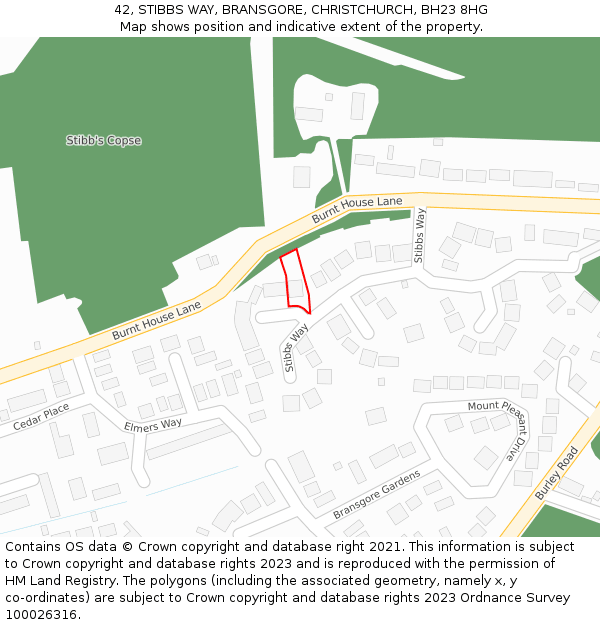 42, STIBBS WAY, BRANSGORE, CHRISTCHURCH, BH23 8HG: Location map and indicative extent of plot