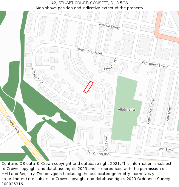 42, STUART COURT, CONSETT, DH8 5GA: Location map and indicative extent of plot