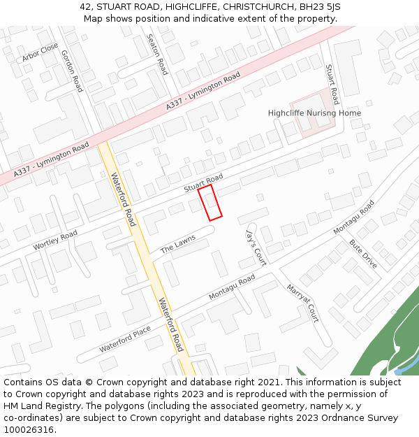 42, STUART ROAD, HIGHCLIFFE, CHRISTCHURCH, BH23 5JS: Location map and indicative extent of plot