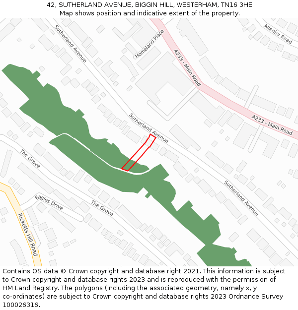 42, SUTHERLAND AVENUE, BIGGIN HILL, WESTERHAM, TN16 3HE: Location map and indicative extent of plot