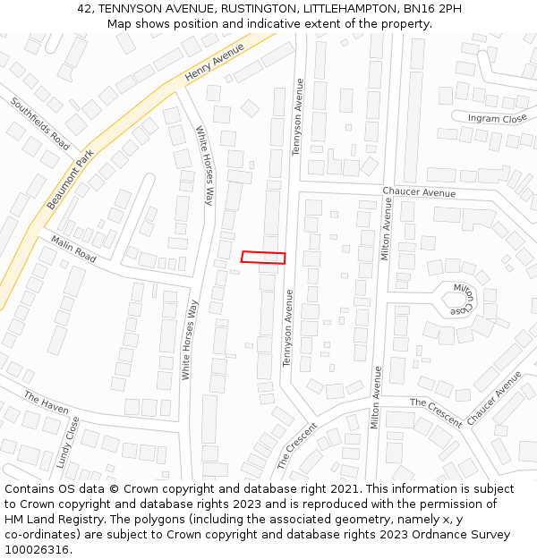42, TENNYSON AVENUE, RUSTINGTON, LITTLEHAMPTON, BN16 2PH: Location map and indicative extent of plot