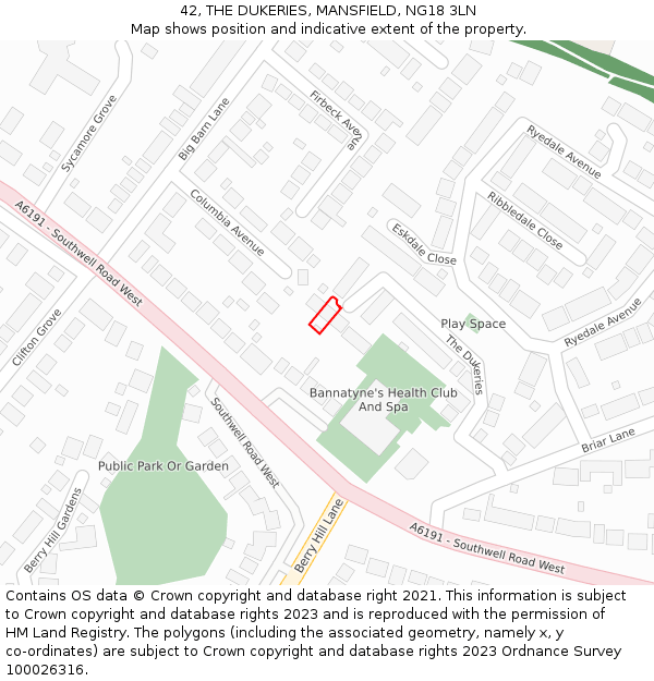 42, THE DUKERIES, MANSFIELD, NG18 3LN: Location map and indicative extent of plot