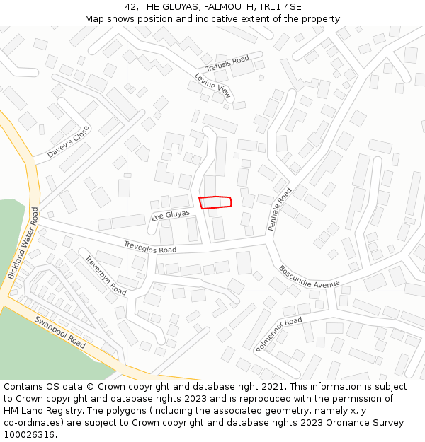 42, THE GLUYAS, FALMOUTH, TR11 4SE: Location map and indicative extent of plot