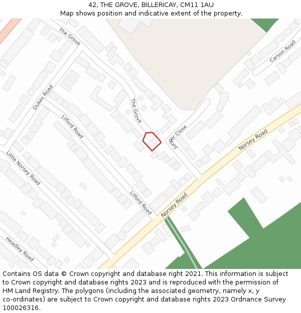 42, THE GROVE, BILLERICAY, CM11 1AU: Location map and indicative extent of plot