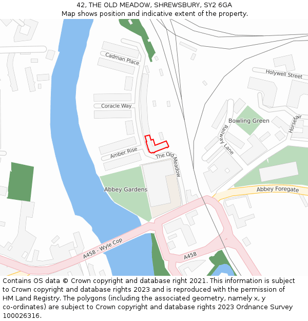 42, THE OLD MEADOW, SHREWSBURY, SY2 6GA: Location map and indicative extent of plot