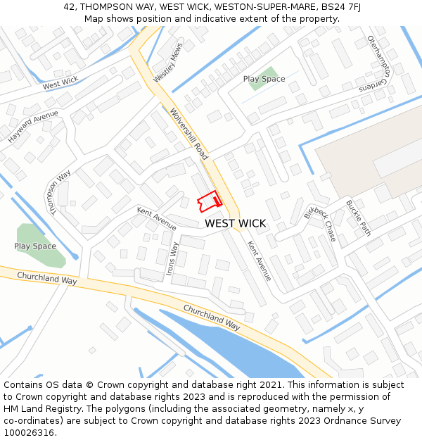 42, THOMPSON WAY, WEST WICK, WESTON-SUPER-MARE, BS24 7FJ: Location map and indicative extent of plot