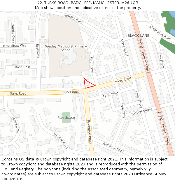 42, TURKS ROAD, RADCLIFFE, MANCHESTER, M26 4QB: Location map and indicative extent of plot