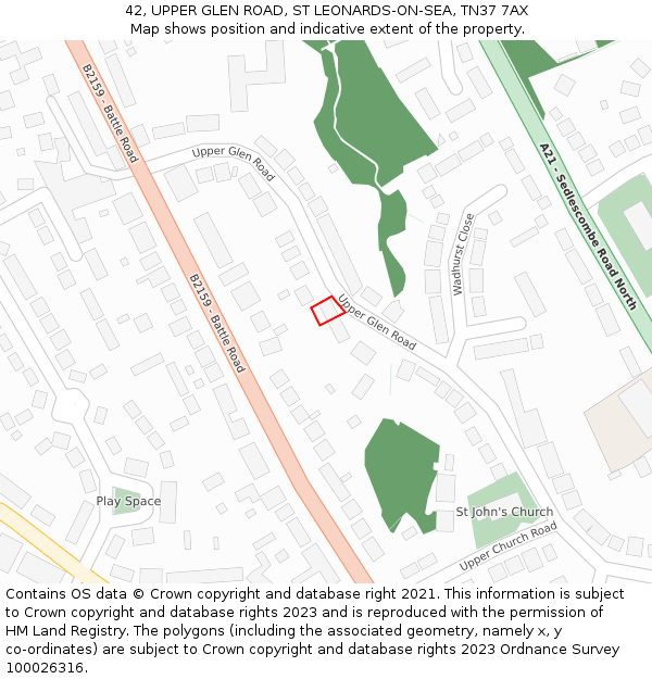 42, UPPER GLEN ROAD, ST LEONARDS-ON-SEA, TN37 7AX: Location map and indicative extent of plot