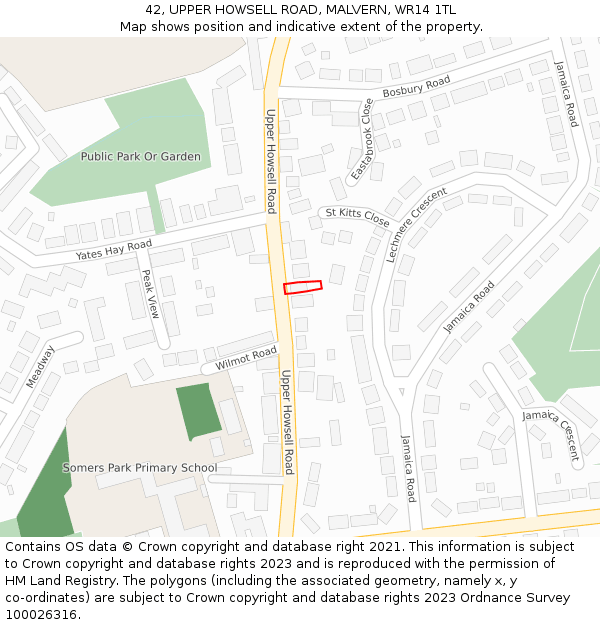 42, UPPER HOWSELL ROAD, MALVERN, WR14 1TL: Location map and indicative extent of plot