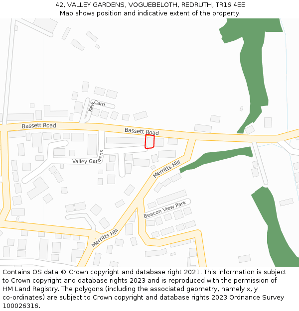 42, VALLEY GARDENS, VOGUEBELOTH, REDRUTH, TR16 4EE: Location map and indicative extent of plot