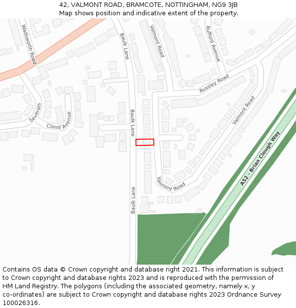 42, VALMONT ROAD, BRAMCOTE, NOTTINGHAM, NG9 3JB: Location map and indicative extent of plot