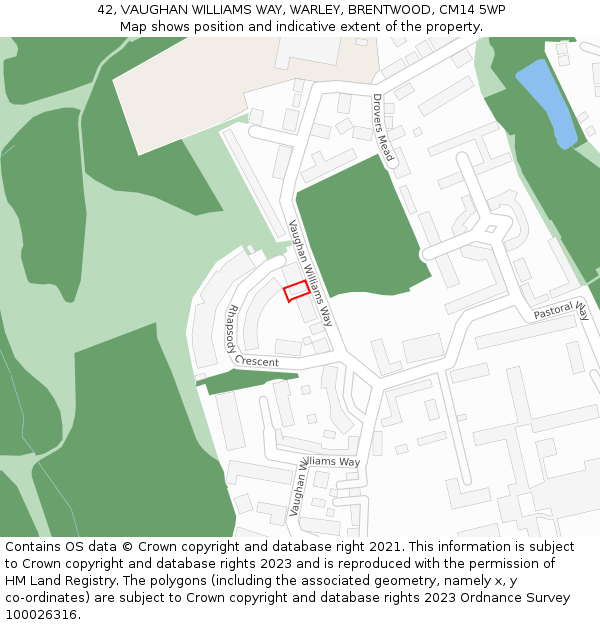 42, VAUGHAN WILLIAMS WAY, WARLEY, BRENTWOOD, CM14 5WP: Location map and indicative extent of plot