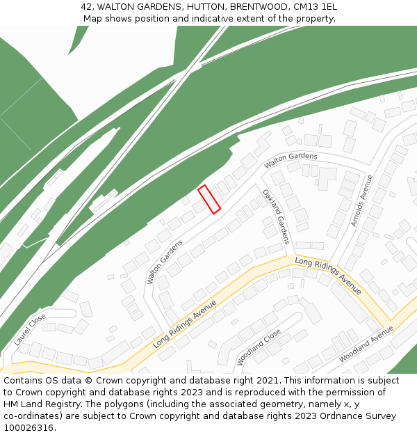 42, WALTON GARDENS, HUTTON, BRENTWOOD, CM13 1EL: Location map and indicative extent of plot