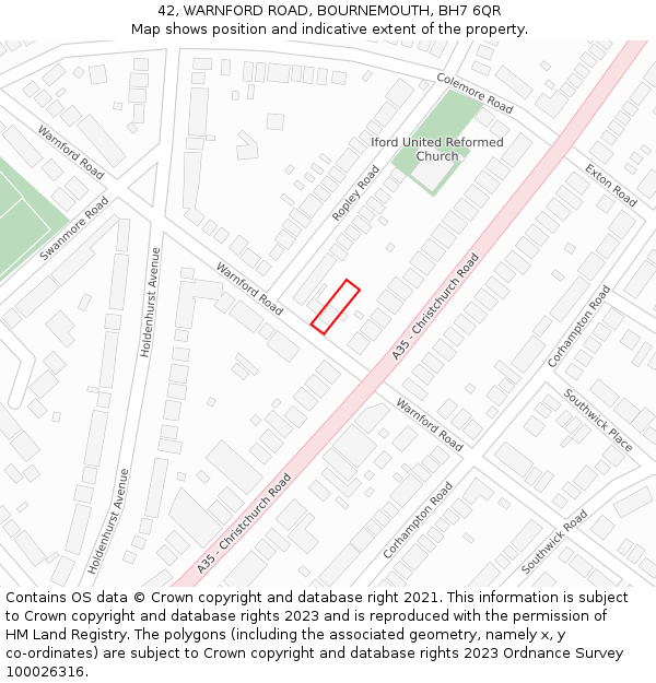 42, WARNFORD ROAD, BOURNEMOUTH, BH7 6QR: Location map and indicative extent of plot