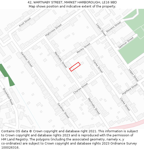 42, WARTNABY STREET, MARKET HARBOROUGH, LE16 9BD: Location map and indicative extent of plot
