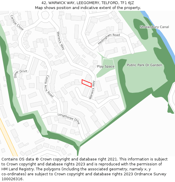 42, WARWICK WAY, LEEGOMERY, TELFORD, TF1 6JZ: Location map and indicative extent of plot