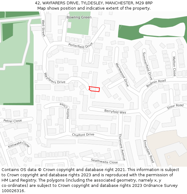42, WAYFARERS DRIVE, TYLDESLEY, MANCHESTER, M29 8RP: Location map and indicative extent of plot
