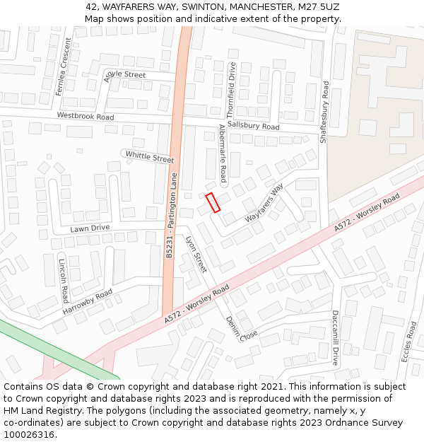 42, WAYFARERS WAY, SWINTON, MANCHESTER, M27 5UZ: Location map and indicative extent of plot