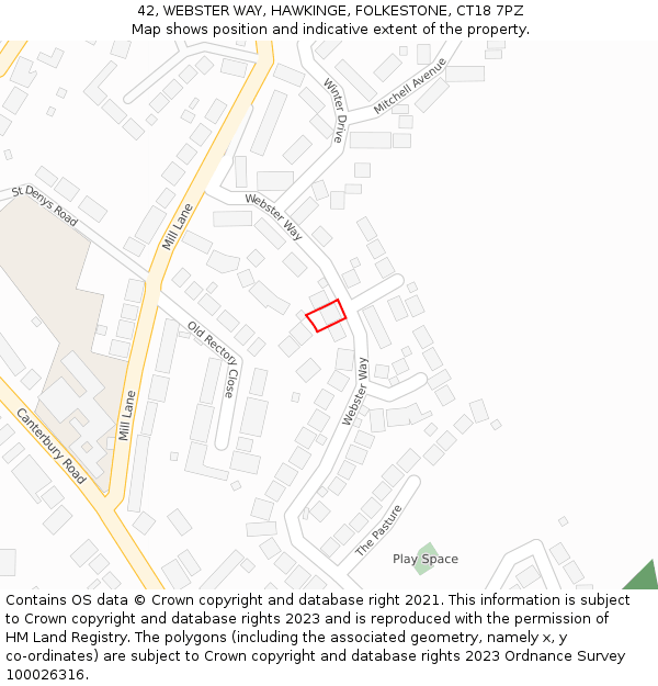 42, WEBSTER WAY, HAWKINGE, FOLKESTONE, CT18 7PZ: Location map and indicative extent of plot