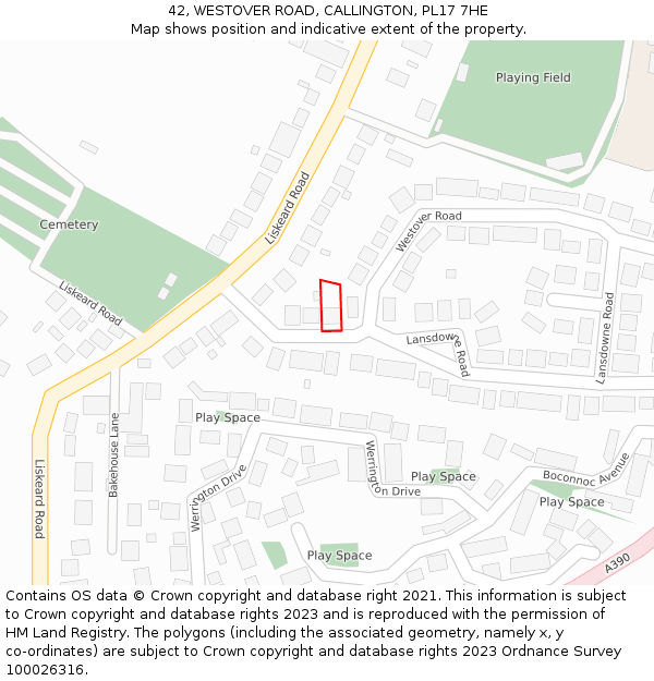 42, WESTOVER ROAD, CALLINGTON, PL17 7HE: Location map and indicative extent of plot