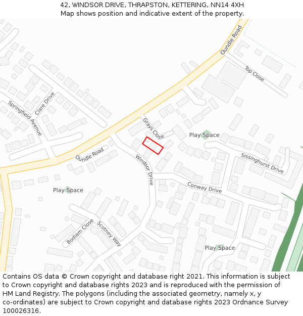 42, WINDSOR DRIVE, THRAPSTON, KETTERING, NN14 4XH: Location map and indicative extent of plot