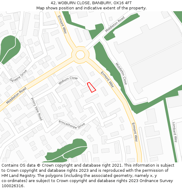 42, WOBURN CLOSE, BANBURY, OX16 4FT: Location map and indicative extent of plot
