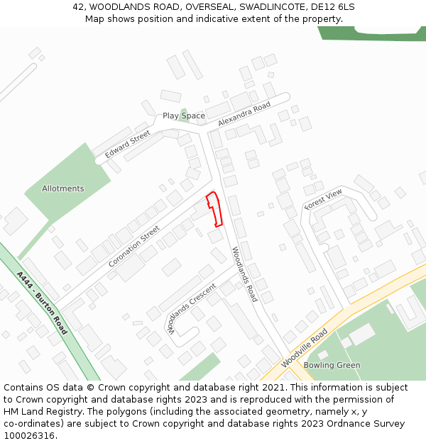 42, WOODLANDS ROAD, OVERSEAL, SWADLINCOTE, DE12 6LS: Location map and indicative extent of plot
