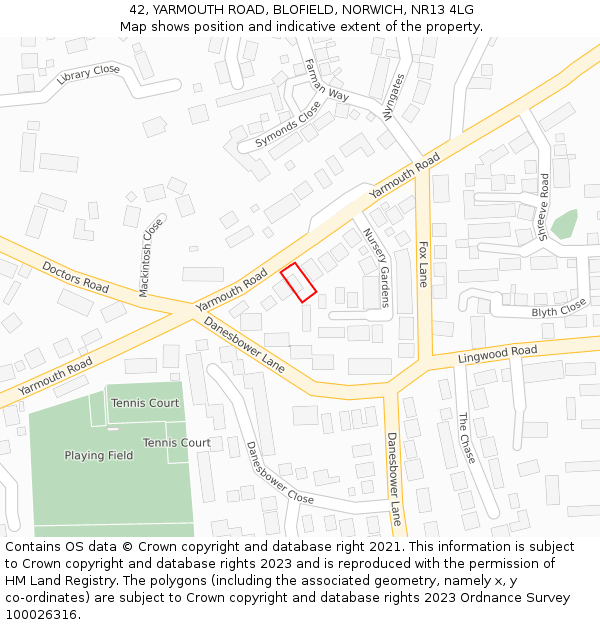 42, YARMOUTH ROAD, BLOFIELD, NORWICH, NR13 4LG: Location map and indicative extent of plot