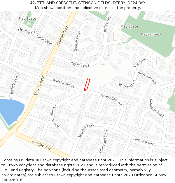 42, ZETLAND CRESCENT, STENSON FIELDS, DERBY, DE24 3AY: Location map and indicative extent of plot