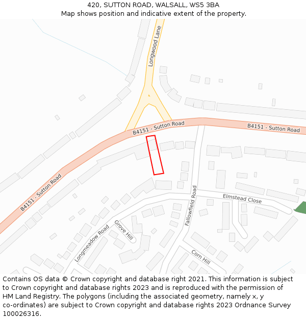 420, SUTTON ROAD, WALSALL, WS5 3BA: Location map and indicative extent of plot
