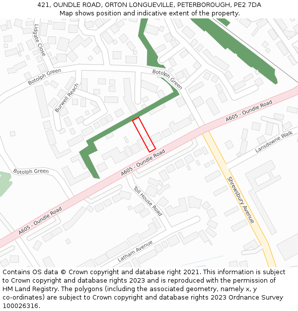 421, OUNDLE ROAD, ORTON LONGUEVILLE, PETERBOROUGH, PE2 7DA: Location map and indicative extent of plot