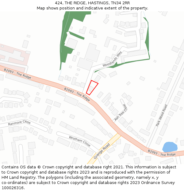 424, THE RIDGE, HASTINGS, TN34 2RR: Location map and indicative extent of plot