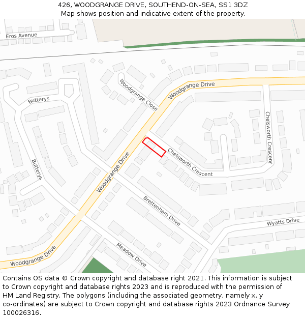 426, WOODGRANGE DRIVE, SOUTHEND-ON-SEA, SS1 3DZ: Location map and indicative extent of plot