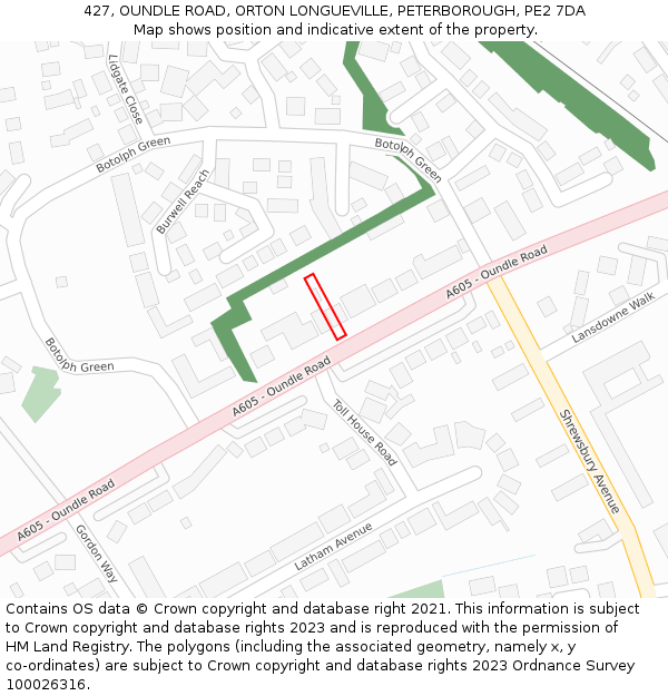 427, OUNDLE ROAD, ORTON LONGUEVILLE, PETERBOROUGH, PE2 7DA: Location map and indicative extent of plot