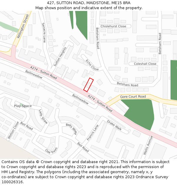 427, SUTTON ROAD, MAIDSTONE, ME15 8RA: Location map and indicative extent of plot