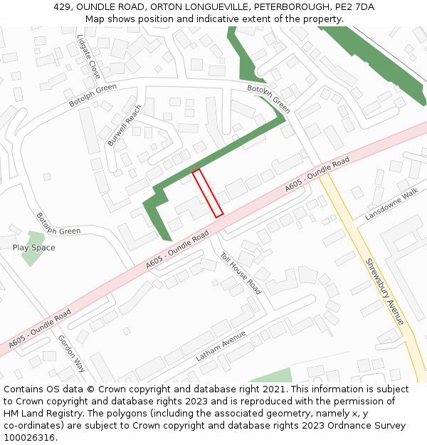 429, OUNDLE ROAD, ORTON LONGUEVILLE, PETERBOROUGH, PE2 7DA: Location map and indicative extent of plot