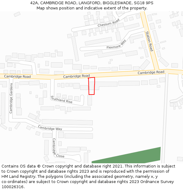 42A, CAMBRIDGE ROAD, LANGFORD, BIGGLESWADE, SG18 9PS: Location map and indicative extent of plot