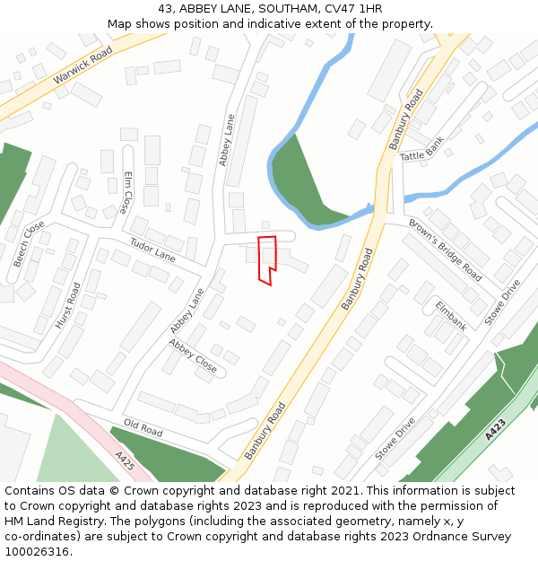 43, ABBEY LANE, SOUTHAM, CV47 1HR: Location map and indicative extent of plot