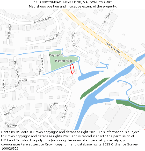 43, ABBOTSMEAD, HEYBRIDGE, MALDON, CM9 4PT: Location map and indicative extent of plot