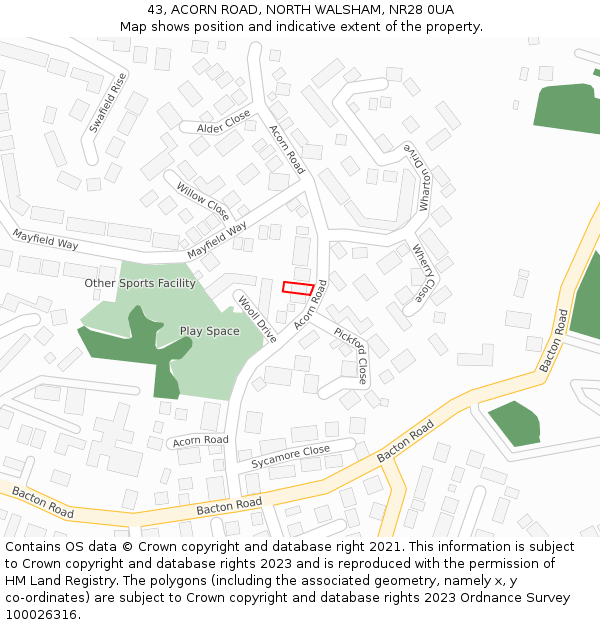 43, ACORN ROAD, NORTH WALSHAM, NR28 0UA: Location map and indicative extent of plot