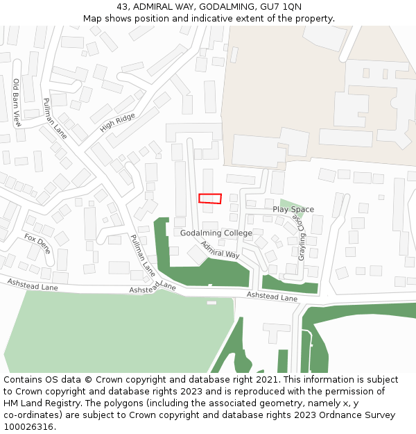 43, ADMIRAL WAY, GODALMING, GU7 1QN: Location map and indicative extent of plot