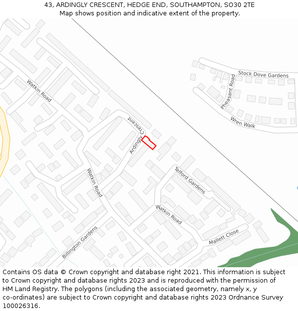 43, ARDINGLY CRESCENT, HEDGE END, SOUTHAMPTON, SO30 2TE: Location map and indicative extent of plot