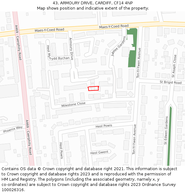 43, ARMOURY DRIVE, CARDIFF, CF14 4NP: Location map and indicative extent of plot