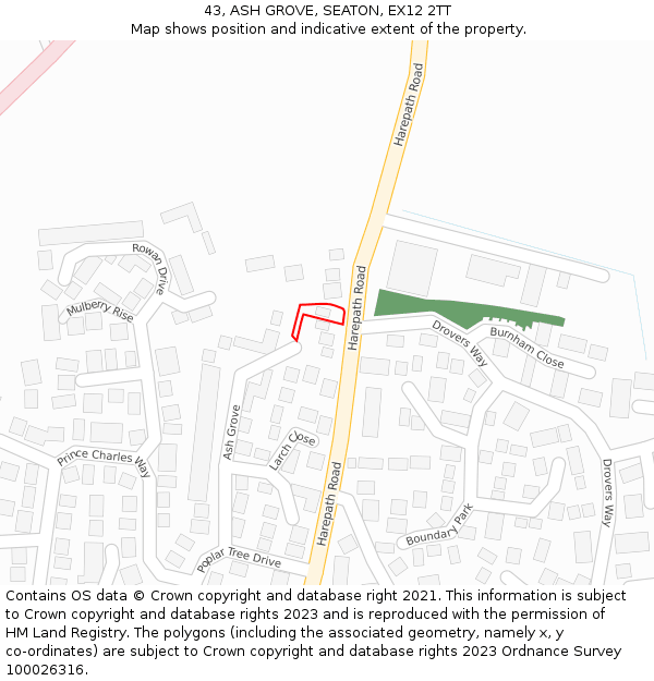 43, ASH GROVE, SEATON, EX12 2TT: Location map and indicative extent of plot