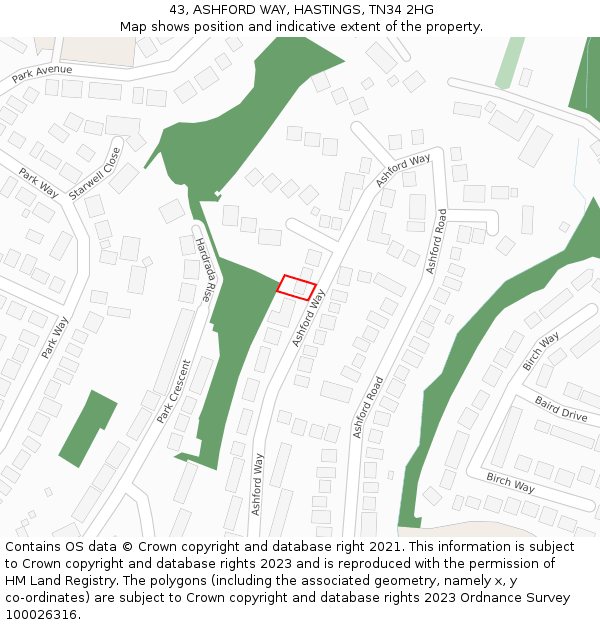 43, ASHFORD WAY, HASTINGS, TN34 2HG: Location map and indicative extent of plot