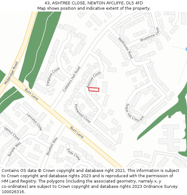 43, ASHTREE CLOSE, NEWTON AYCLIFFE, DL5 4FD: Location map and indicative extent of plot