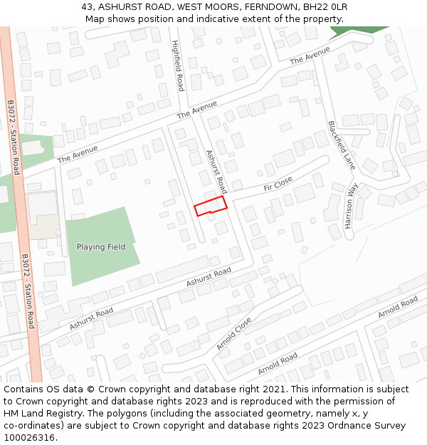 43, ASHURST ROAD, WEST MOORS, FERNDOWN, BH22 0LR: Location map and indicative extent of plot